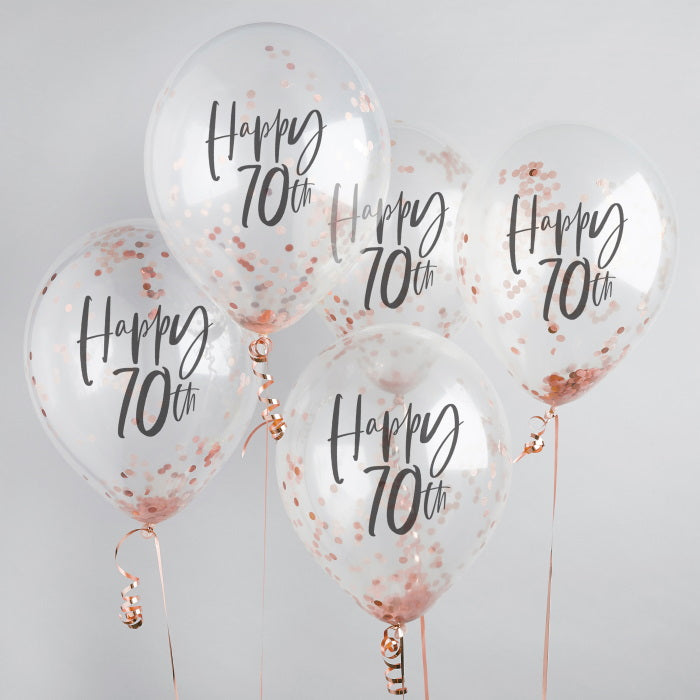 Rose Gold 70th Birthday Confetti Latex Balloons Pack of 5 | Party Save Smile
