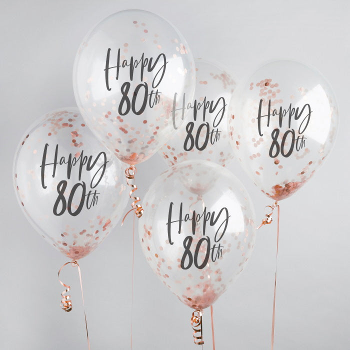 Rose Gold 80th Birthday Confetti Latex Balloons Pack of 5 | Party Save Smile