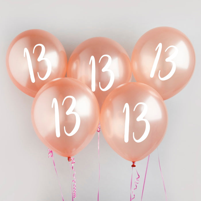 Rose Gold 13th Birthday Latex Balloons Pack of 5 | Party Save Smile