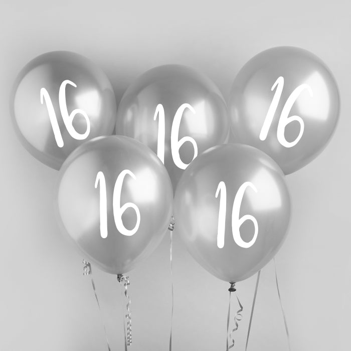 Silver 16th Birthday Latex Balloons Pack of 5 | Party Save Smile