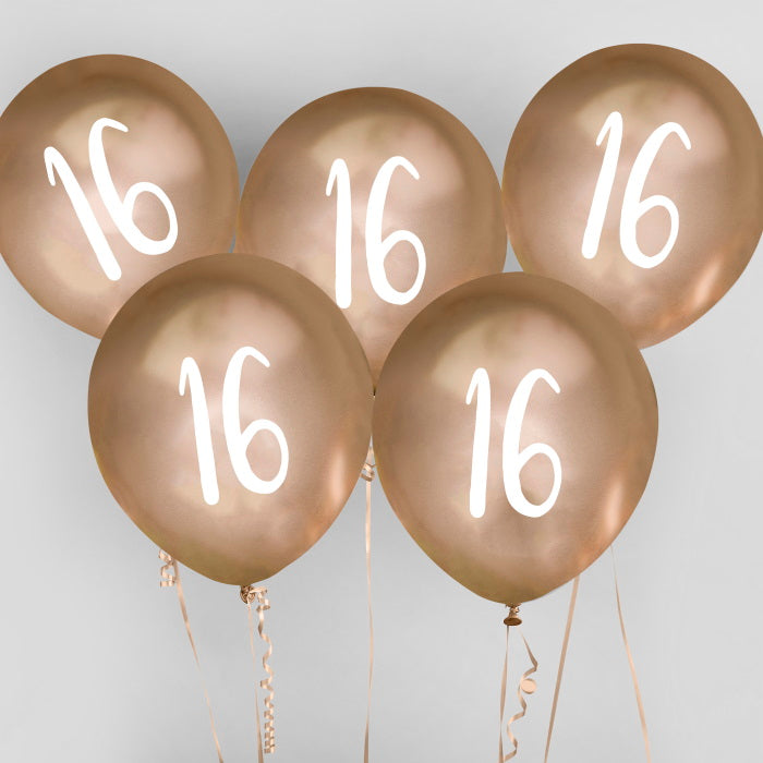 Gold 16th Birthday Latex Balloons Pack of 5 | Party Save Smile