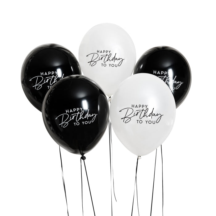 Black and White Happy Birthday Latex Balloons - Pack of 5