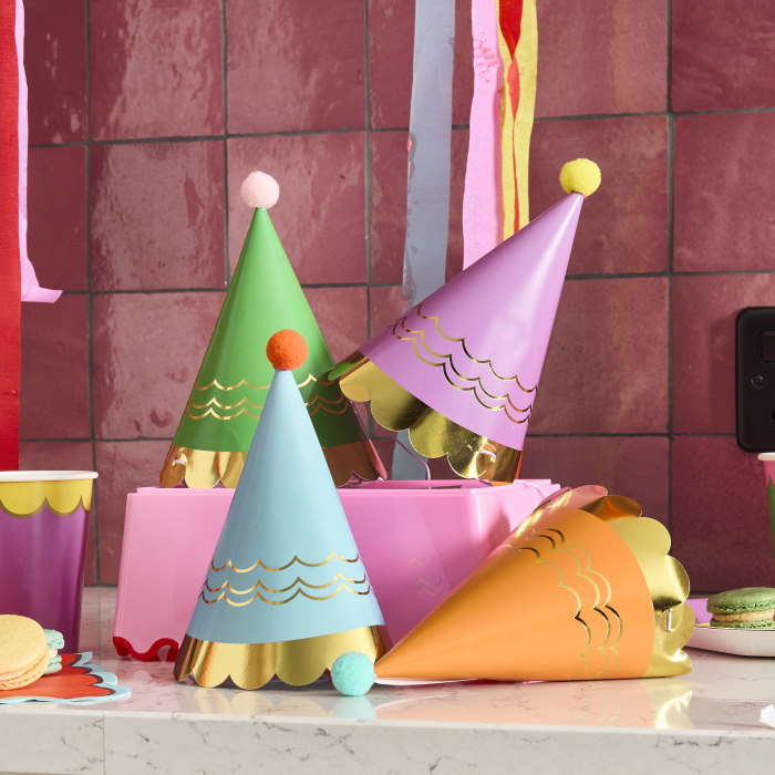 Bright Colour Party Hats with Pom Poms - Pack of 8