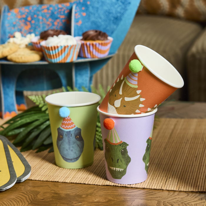 Dinosaur Paper Party Cups with Pom Poms - Pack of 6