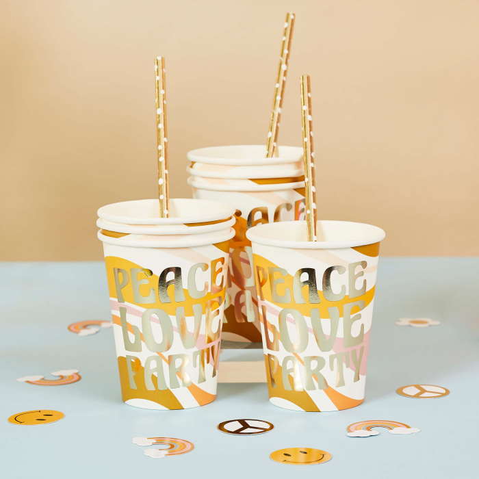 Peace Love Party Retro Paper Cups 8 Pack | Party Save Smile