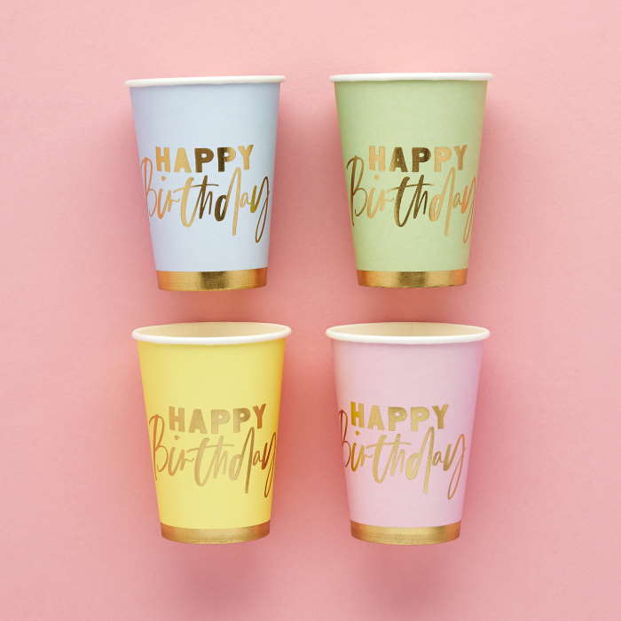 Pastel Birthday Cups: Soft Coloured Party Cups 8 Pack | Party Save Smile