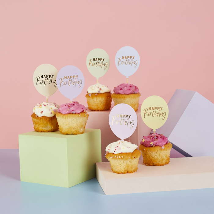 Pastel Happy Birthday Balloon Food Picks 12 Pack | Party Save Smile