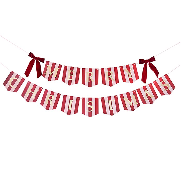 Striped Merry Christmas Banner Decoration With Velvet Bows x2 2m