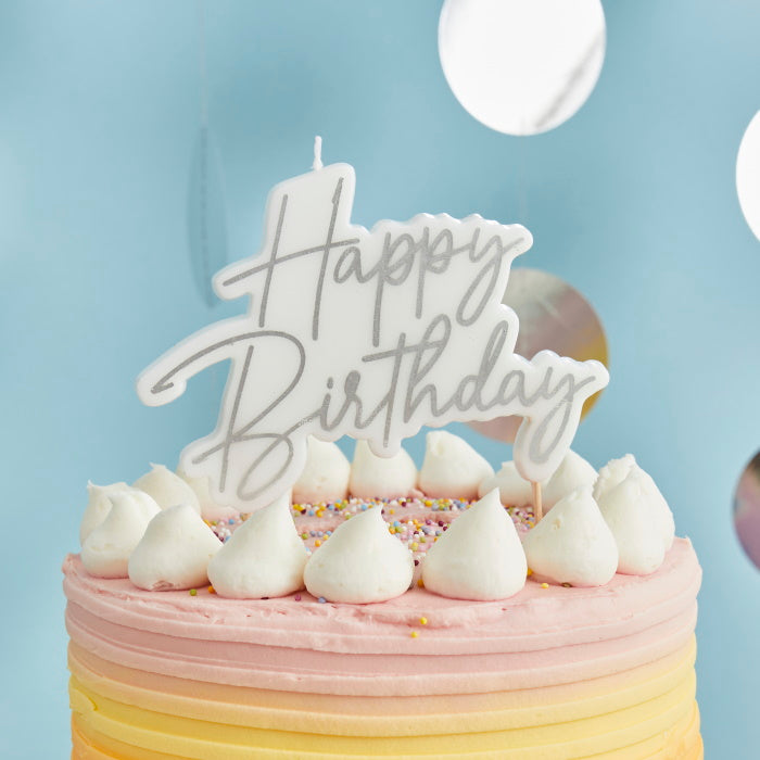 Silver Happy Birthday Cake Candle 12cm | Party Save Smile