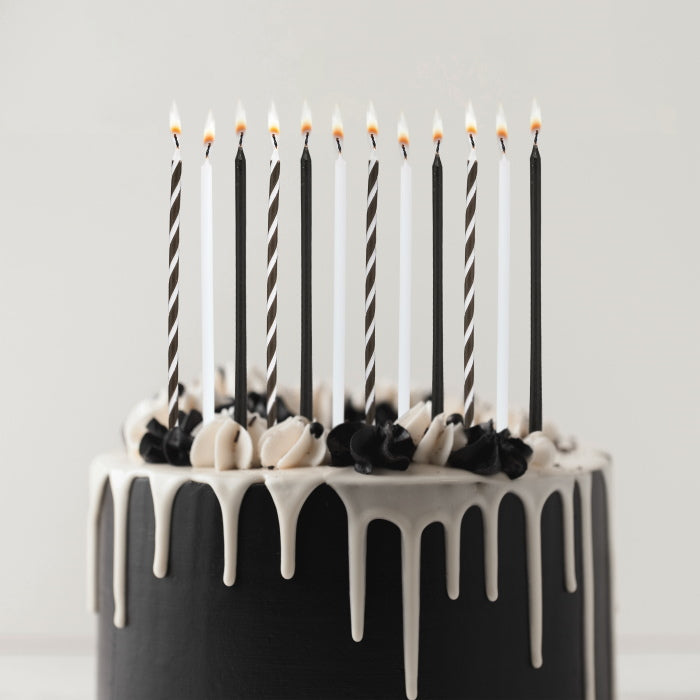 Black and White Tall Cake Candles - Pack of 12