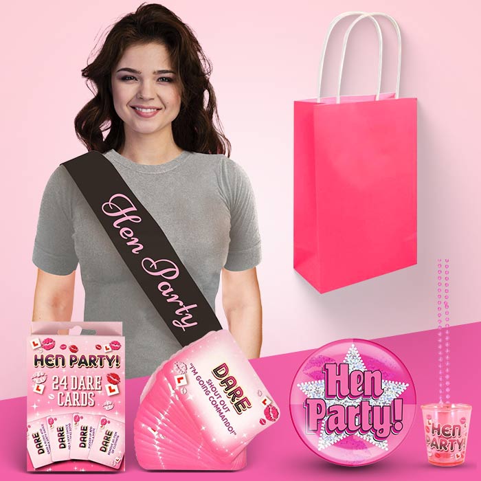 Pink Hen Party Bag with Fillers - Sash, Shotglass and Badge | Party Save Smile