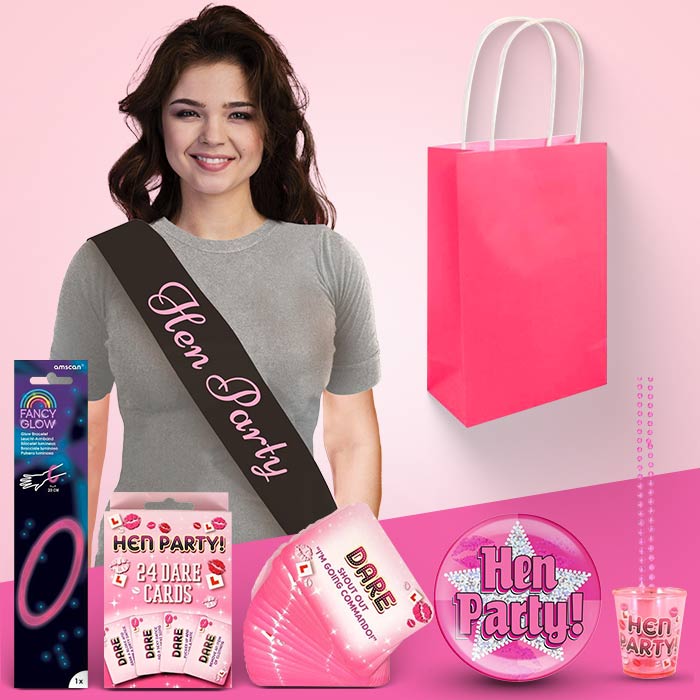 Pink Hen Party Bag & Fillers Sash, Shotglass, Cards and Badge | Party Save Smile