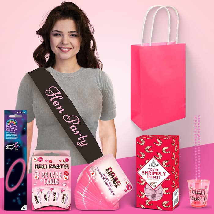 Pink Hen Party Bag & Fillers: Sash, Shotglass, Cards and Sweets | Party Save Smile