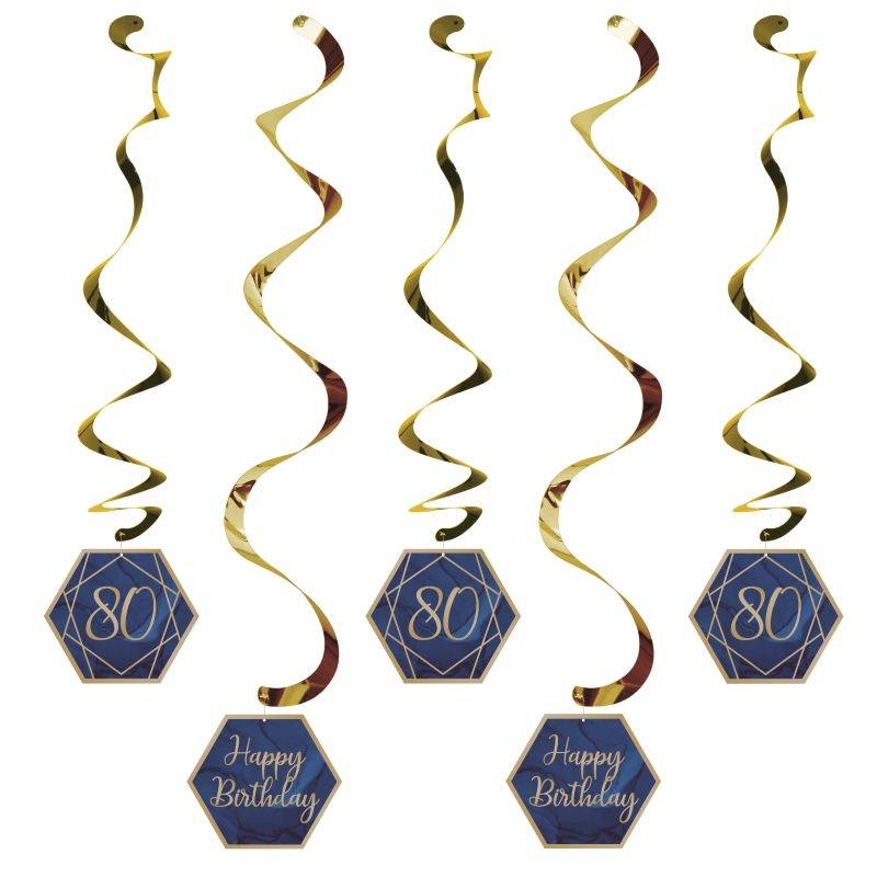 Blue & Gold 80th Hanging Decorations Pack of 5 | Party Save Smile