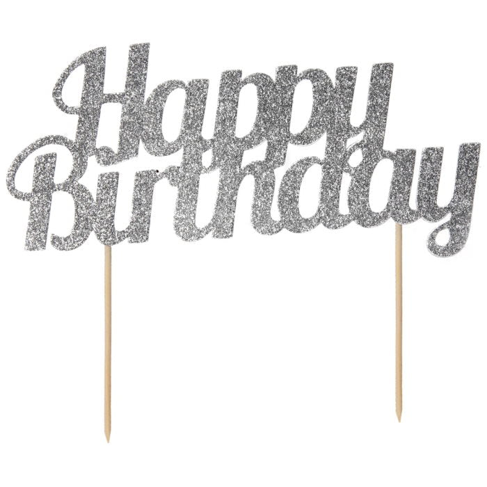Silver Happy Birthday Cake Topper Decoration | Party Save Smile