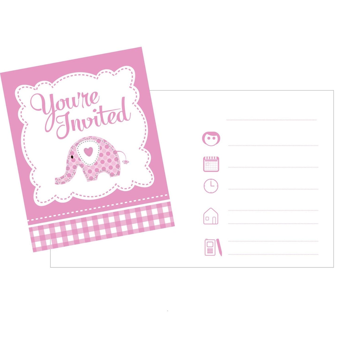 Christening Invitations Pink Elephant Pack of 8 | Party Save Smile