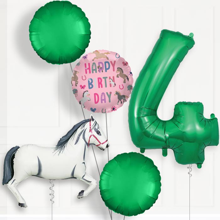 White Horse 4th Birthday Helium Balloon Package - 4th Birthday Balloon Package | Party Save Smile