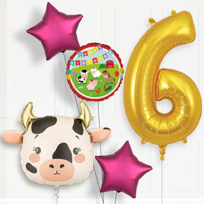 Cow 6th Birthday Helium Balloon Package - 6th Birthday Balloon Package | Party Save Smile
