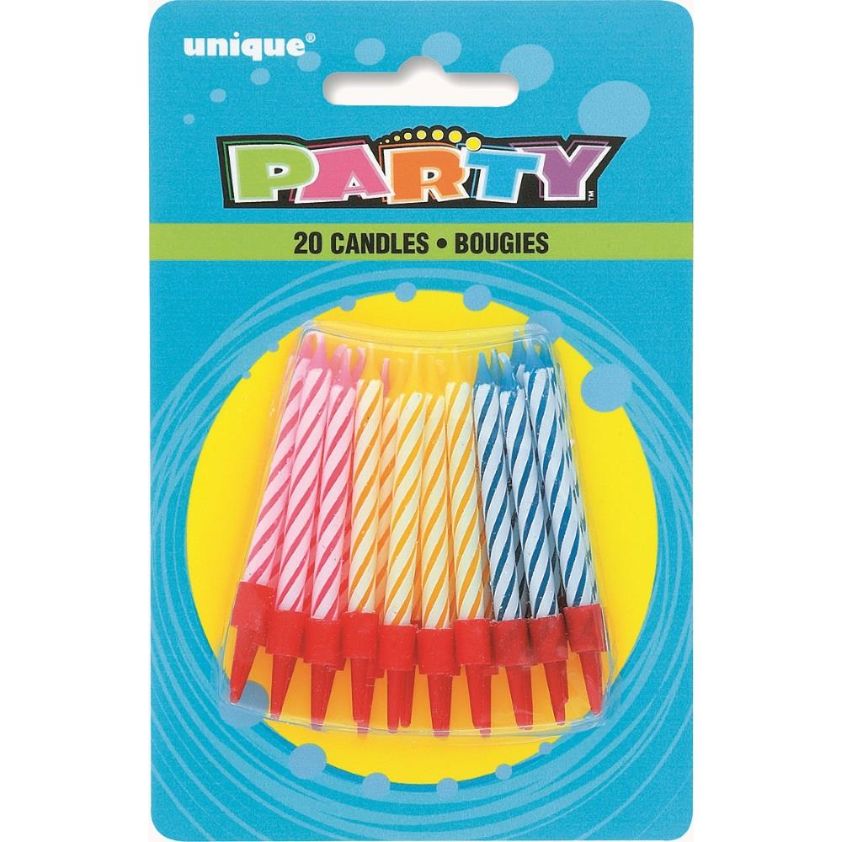 Striped Cake Candles: Mixed Colour Birthday Party Pack of 20 | Party Save Smile