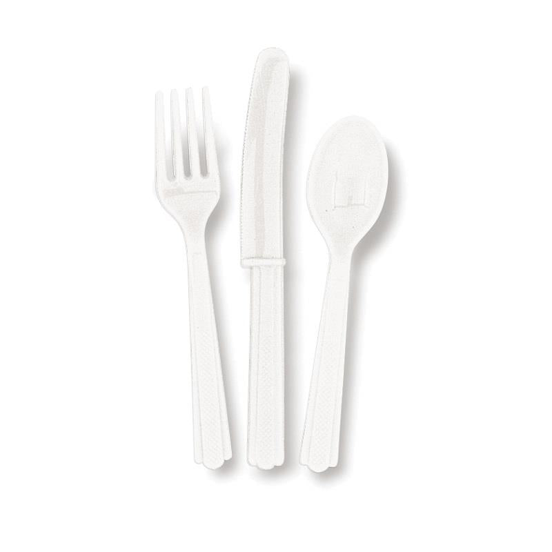 White Knife, Fork and Spoon Plastic Party Cutlery Set | Party Save Smile