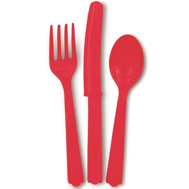 Red Knife, Fork and Spoon Plastic Party Cutlery Set | Party Save Smile