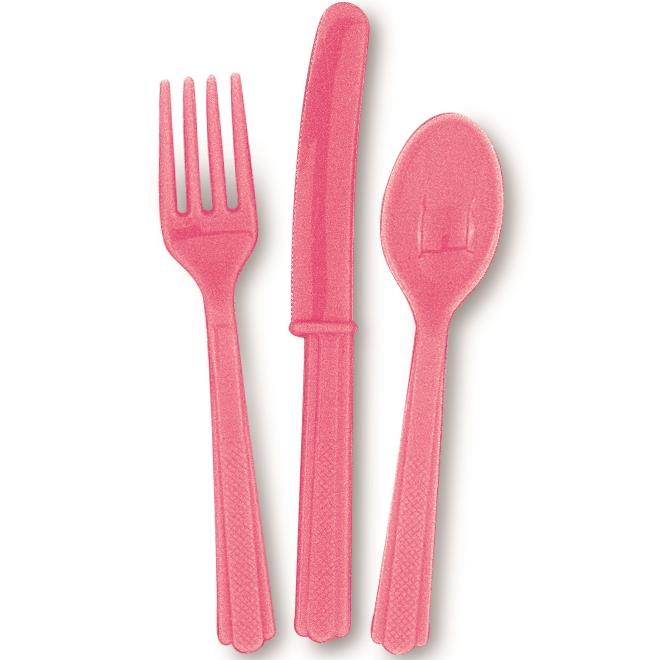 Hot Pink Knife, Fork and Spoon Plastic Party Cutlery Set | Party Save Smile
