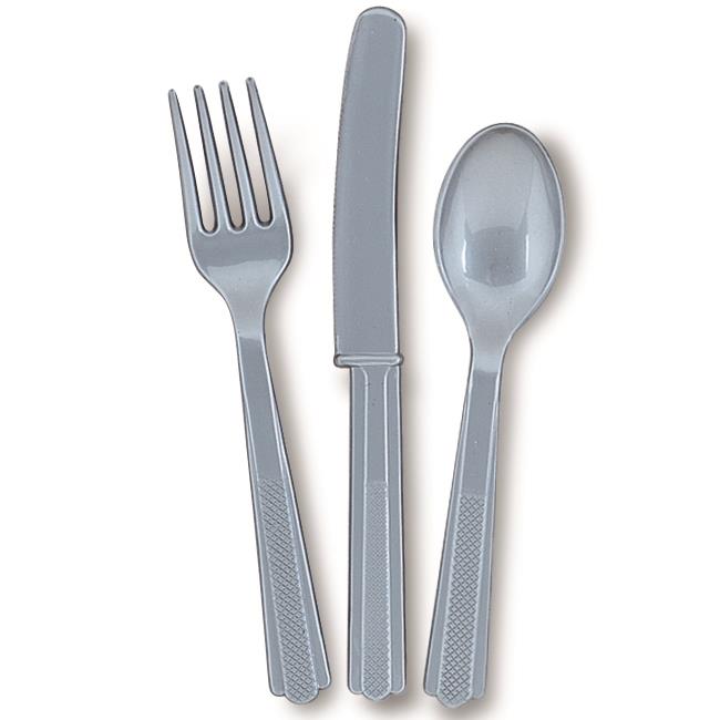 Silver Knife, Fork and Spoon Plastic Party Cutlery Set | Party Save Smile