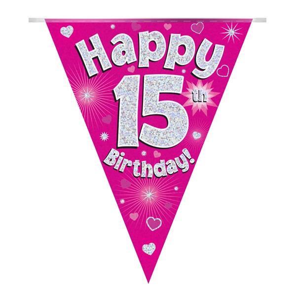 Pink Hearts 15th Birthday Bunting 3.9 Metres | Party Save Smile