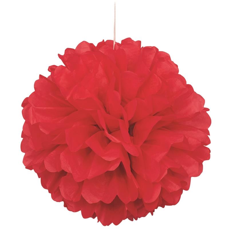 Bright Red Puff Ball Party Hanging Decorations 16 Inches | Party Save Smile