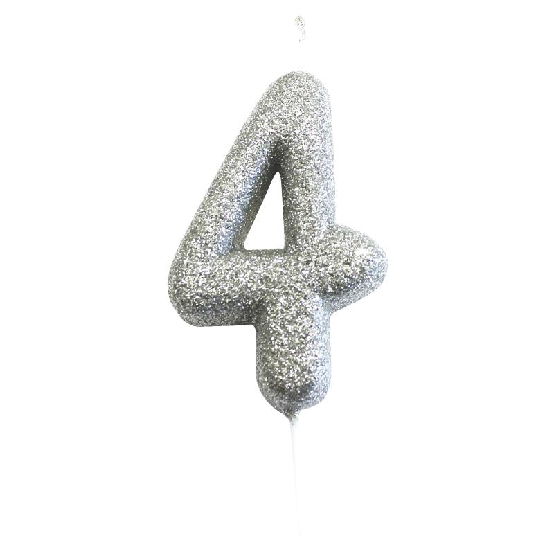 Silver Glitter Number 4 Birthday Cake Candle | Party Save Smile