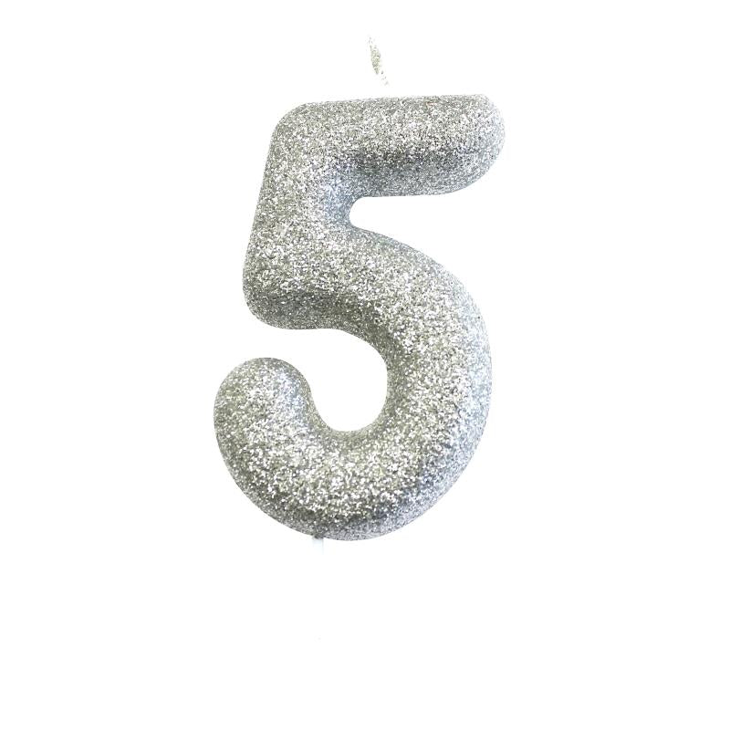 Silver Glitter Number 5 Candle | Party Save Smile