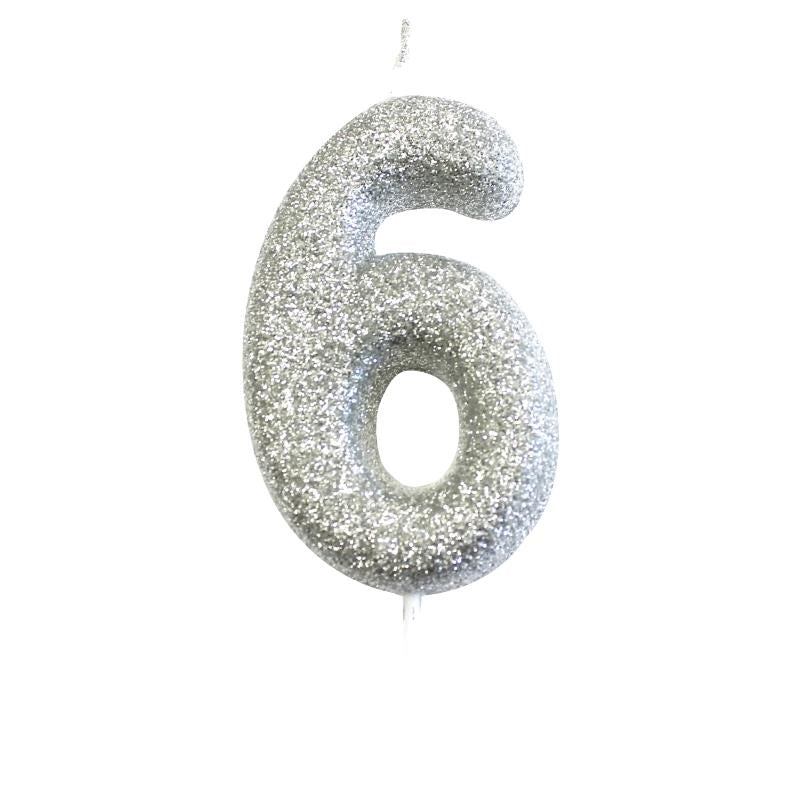 Silver Glitter Number 6 Birthday Cake Candle | Party Save Smile