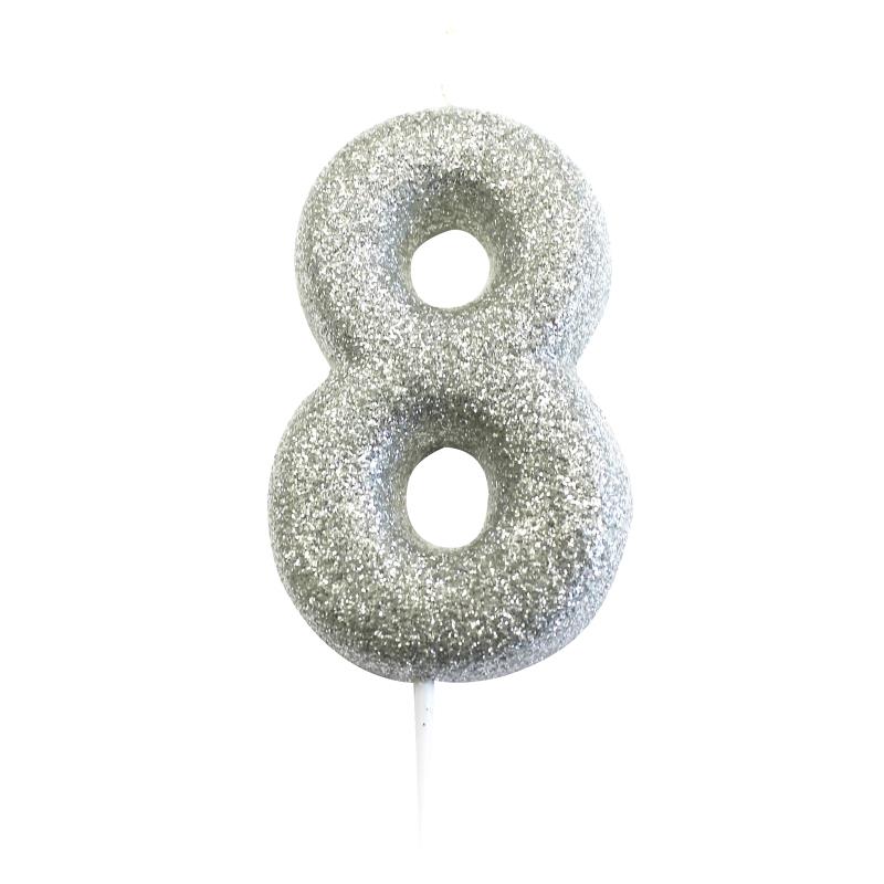 Silver Glitter Number 8 Birthday Cake Candle | Party Save Smile