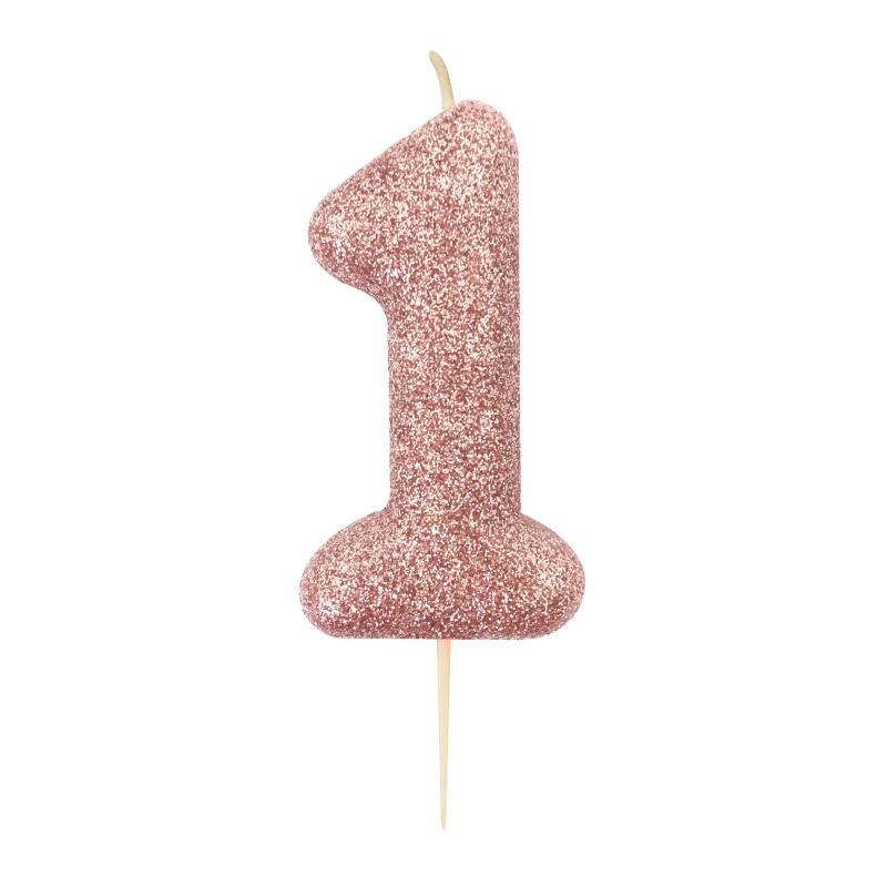 Glitter Rose Gold Number 1 Cake Candle | Party Save Smile