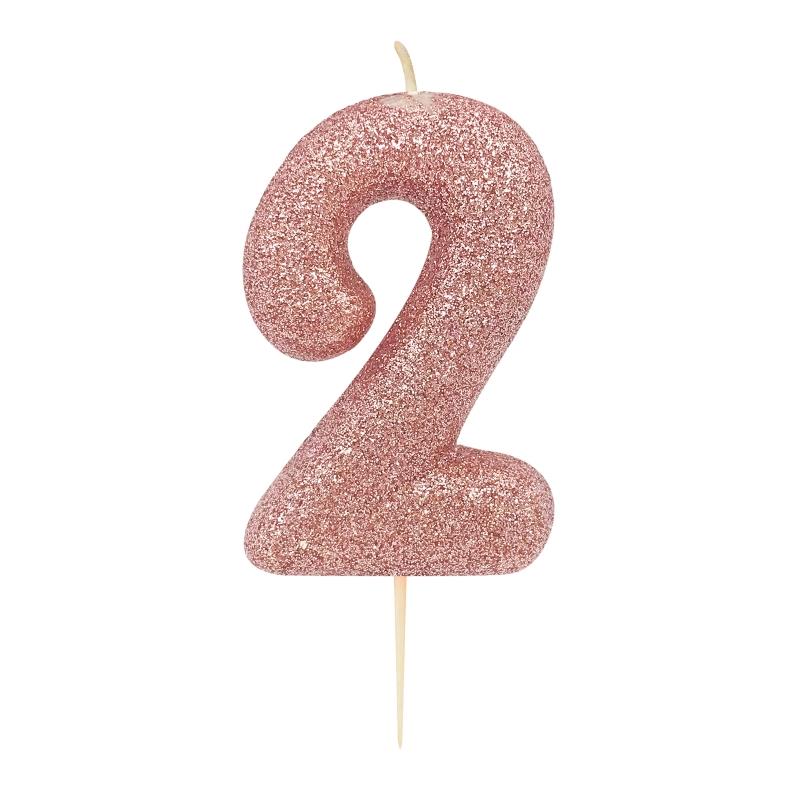 Number 2 Candle: Rose Gold Glitter | Party Save Smile