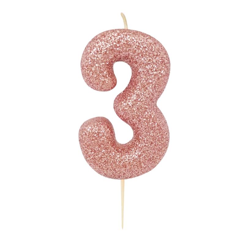 Rose Gold Glitter Number 3 Birthday Cake Candle | Party Save Smile