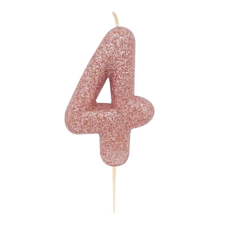 Rose Gold Glitter Number 4 Birthday Cake Candle | Party Save Smile