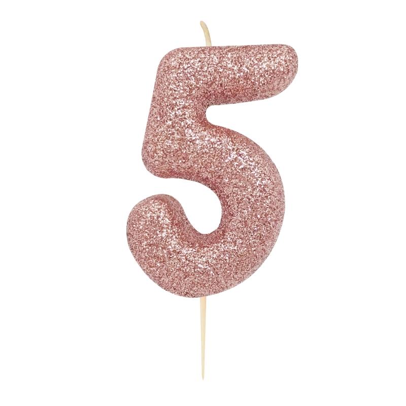 Rose Gold Glitter Number 5 Cake Candle | Party Save Smile