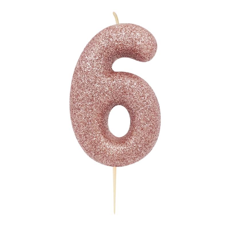Rose Gold Glitter Number 6 Birthday Cake Candle | Party Save Smile