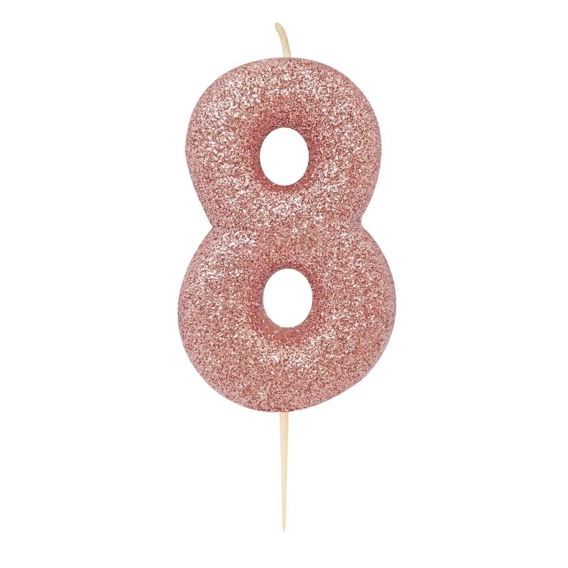 Number 8 Cake Candle: Rose Gold Glitter | Party Save Smile