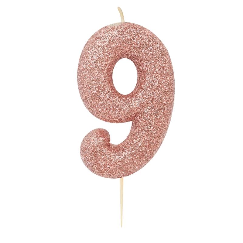 Rose Gold Glitter 9 Birthday Cake Candle | Party Save Smile