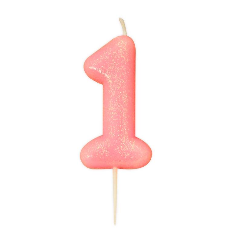 Glitter Pink Number 1 Candle: 1st Birthday Cake Candle | Party Save Smile