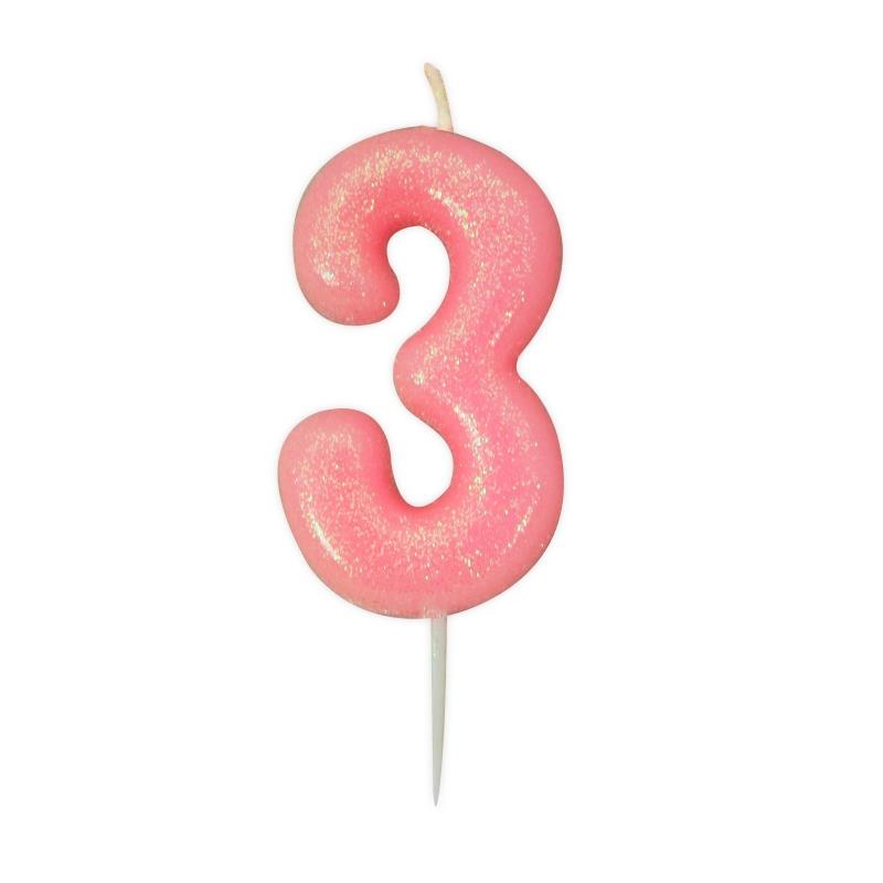 Pink Glitter Number 3 Birthday Cake Candle | Party Save Smile