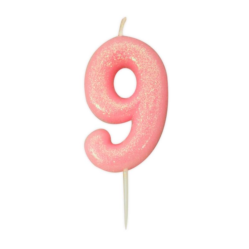 Pink Glitter Number 9 Birthday Cake Candle | Party Save Smile