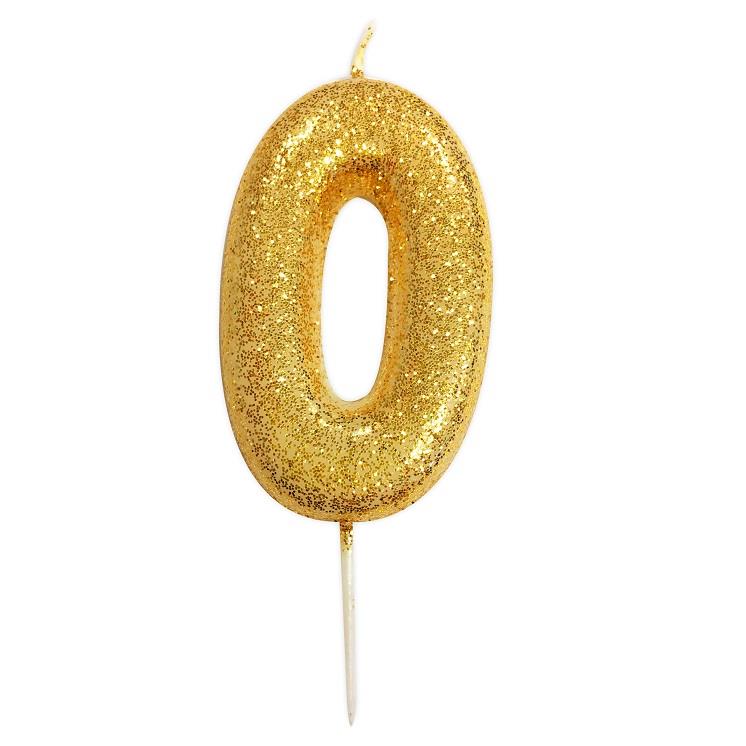 Gold Glitter Number 0 Candle: Birthday Cake Candle | Party Save Smile