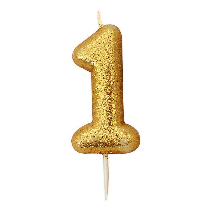 Gold Glitter Number 1 Candle: 1st Birthday Cake Candle | Party Save Smile