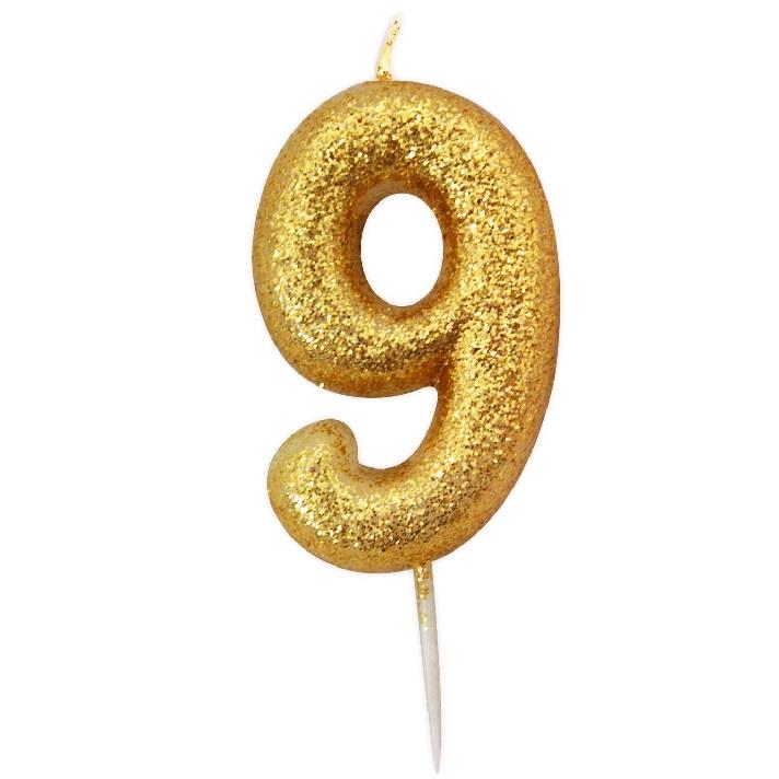 Gold Glitter Number 9 Birthday Cake Candle | Party Save Smile