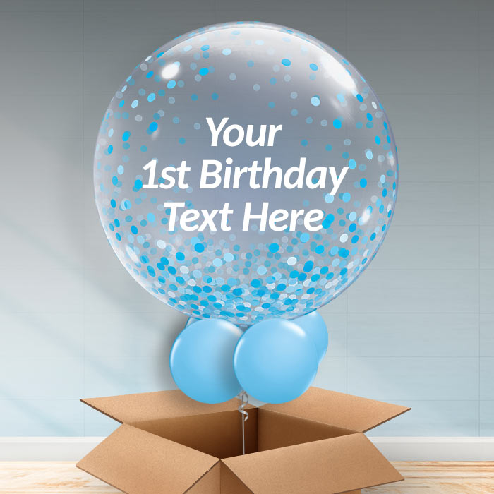 Blue Confetti Personalisable 1st Birthday Balloon in a Box - Bubble Balloon | Party Save Smile