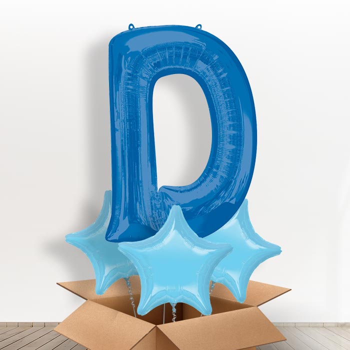Personalised D Helium Balloon in a Box - Blue - Giant Letter and 3 Balloons | Party Save Smile