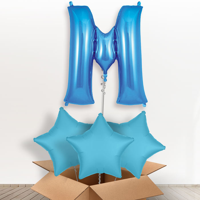 Personalised Letter M Helium Balloon in a Box - Blue - Giant Letter and 3 Balloons | Party Save Smile